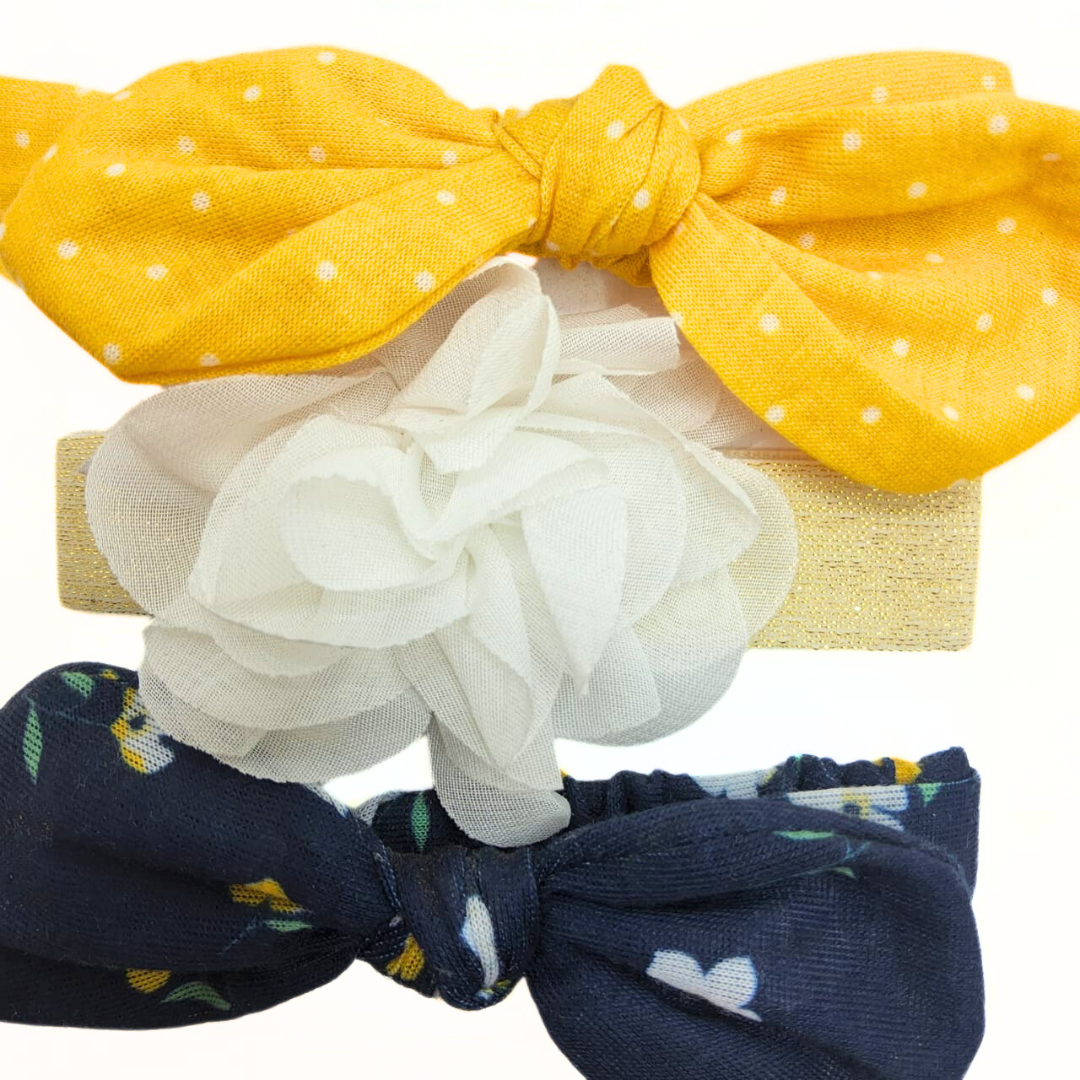 Carter's 3 Tiaras De Algodón Azul Marino, Amarillo Y Dorado Con Flor