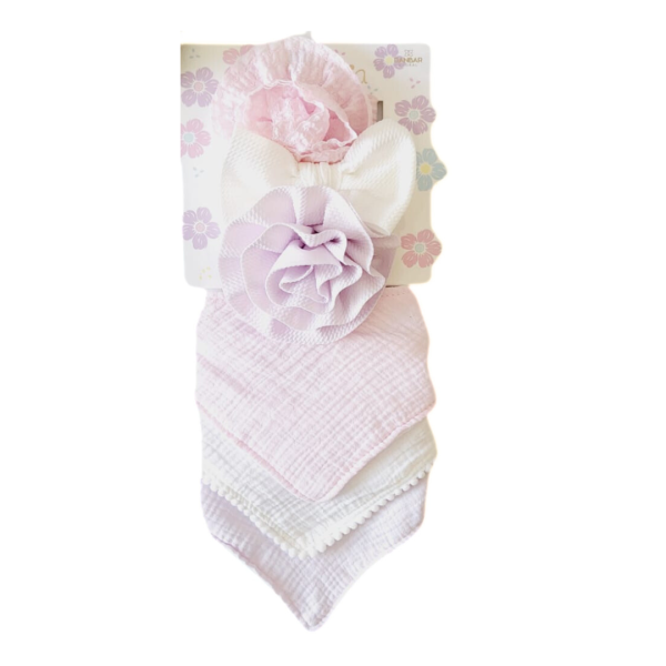 Danbar 3 Tiaras De Flor Y Moño Grandes Y 3 Bandanas De Muselina Lila, Rosa Y Blanco