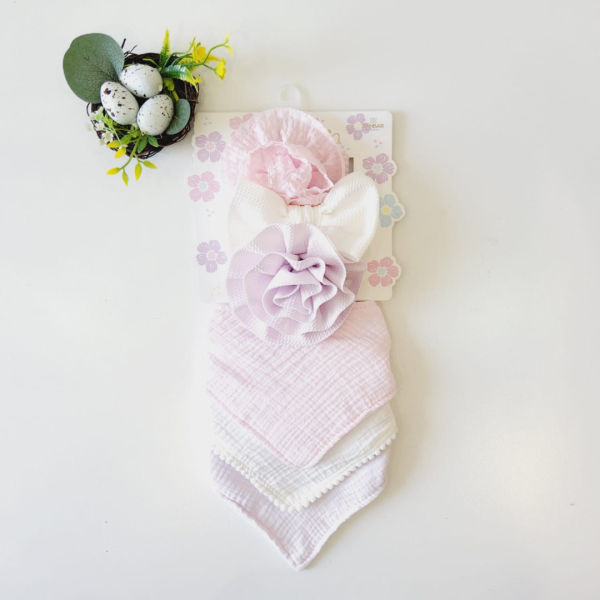 Danbar 3 Tiaras De Flor Y Moño Grandes Y 3 Bandanas De Muselina Lila, Rosa Y Blanco - Imagen 2