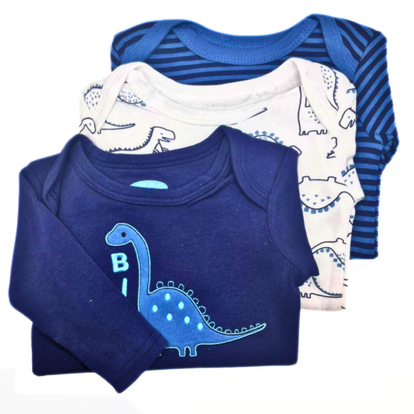 Baby Views 3 Pzas De Pañaleros De Manga Larga Azules Con Diseño De Dinosauios Y Rayas
