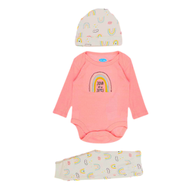 Bon Bébé Set De 3 Pzas Pañalero Rosa Con Bordado De Arcoiris, Pantalón Y Gorrito Blanco Con Arcoiris